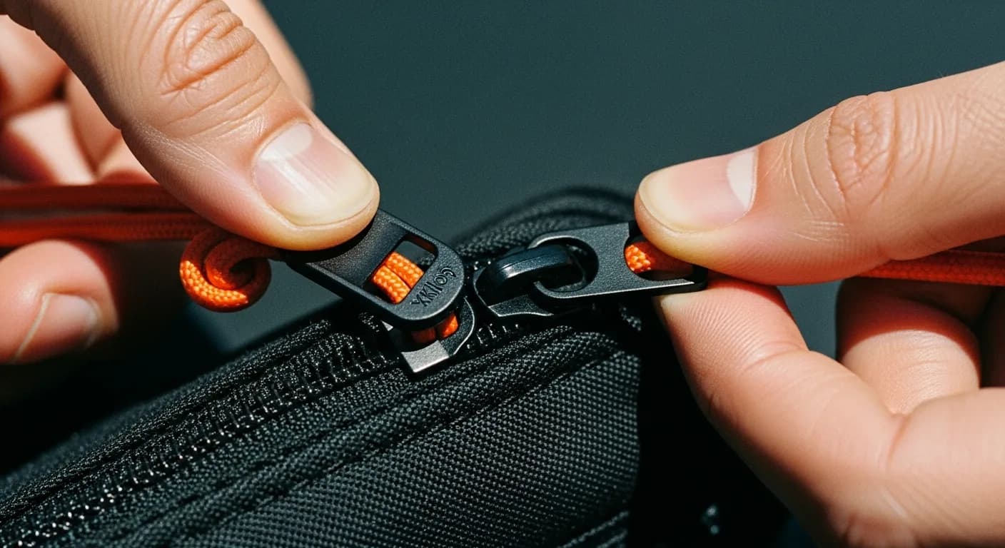 Fingertips threading a signal-orange paracord through a YKK zipper slider