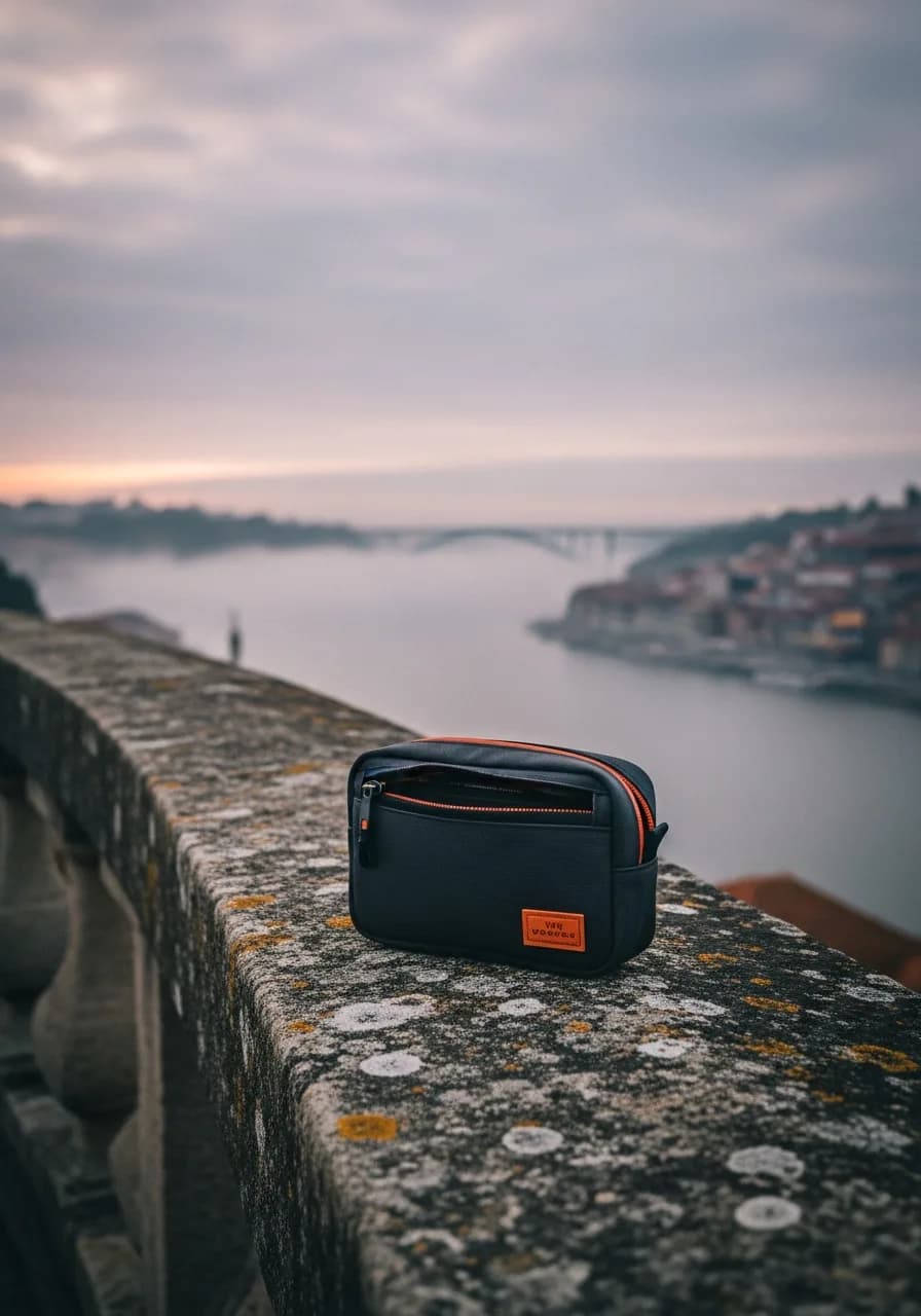Tech pouch on a weathered Porto rooftop parapet at dawn
