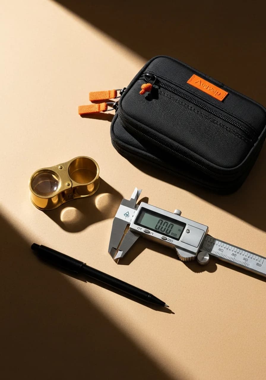 QC bench: brass paperweight, fountain pen, digital caliper, stacked tech pouches