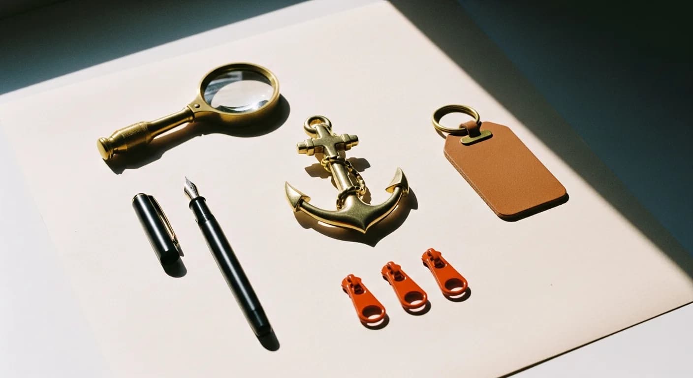 Hardware inventory flatlay: loupe, anchor weight, leather tag, zipper pulls, pen