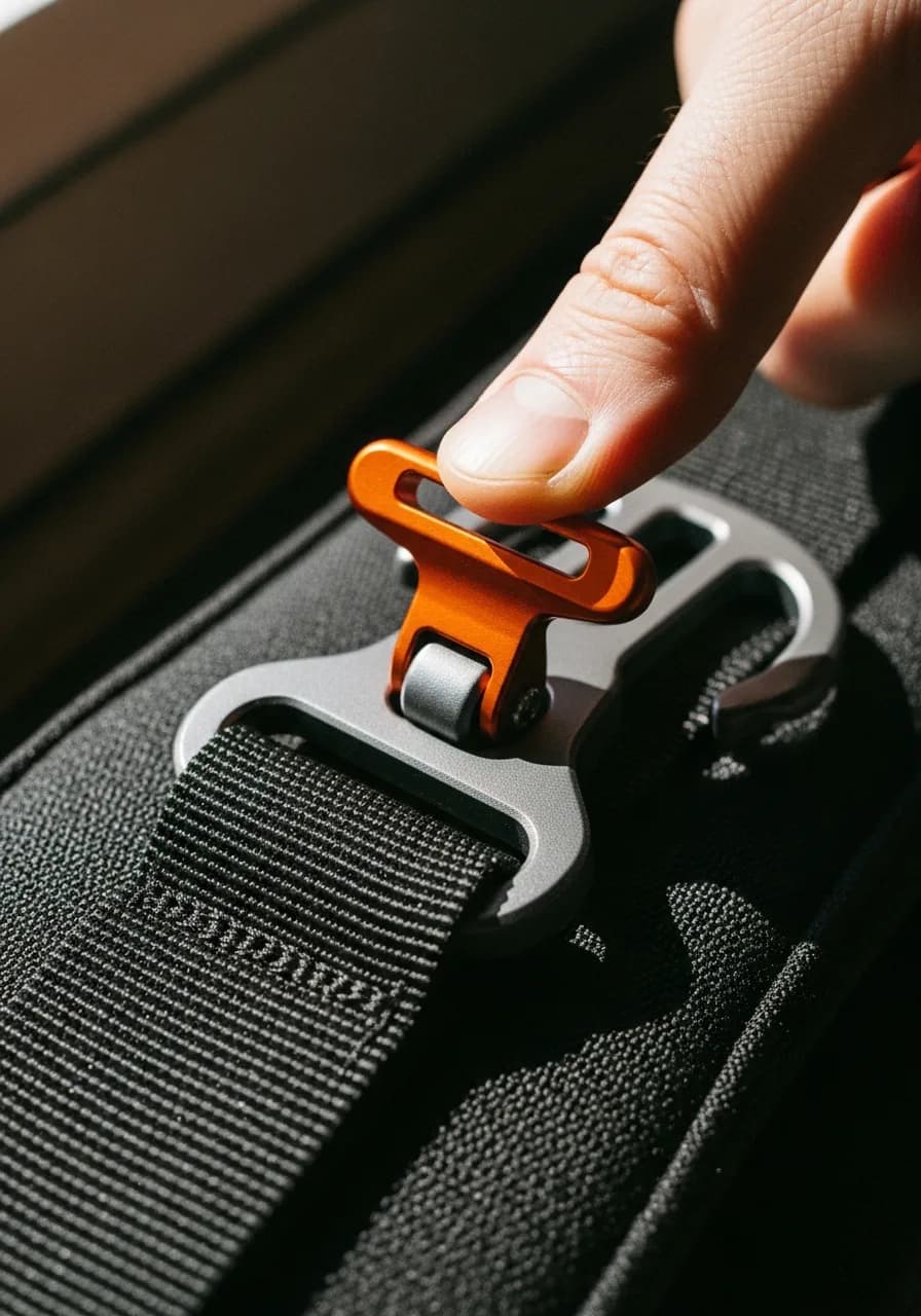 Thumb pressing the signal-orange lever of the Anchor Latch