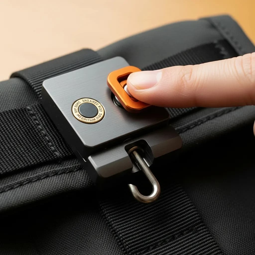 Thumb pressing the signal-orange lever down past the hook into the locked position