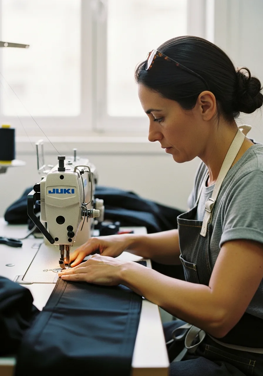 Cristina Mendes at the Juki industrial machine in the Porto sample room