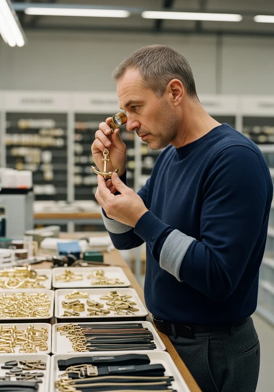 Marc Aubert inspecting an Anchor Latch with a jewelers loupe at the trims supplier