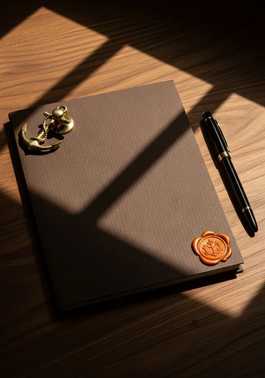 Edition 01 folio with brass anchor paperweight, wax seal, and fountain pen