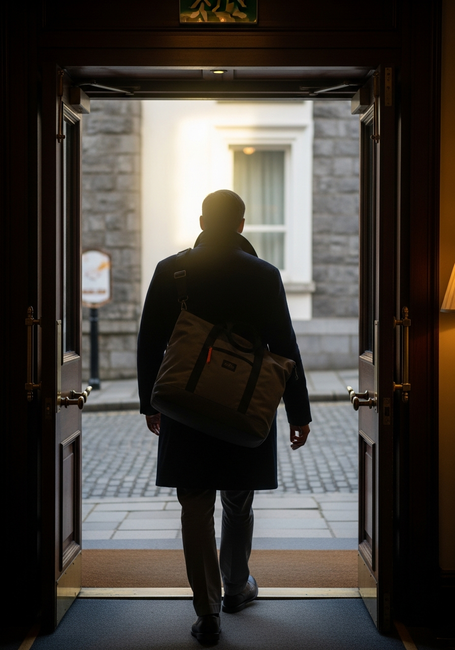 Operator with shoulder tote, Lisbon morning
